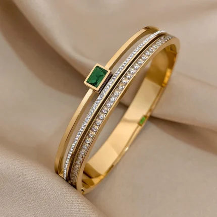 Luxury Stainless Steel Cuff Bracelet For Women Mens Gold Silver Color Couple Bracelets Green White Rhinestone Wide Bangle Gift - Image 30