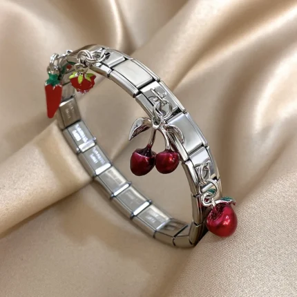 Geometric Square Stainless Steel Elastic Strap Bangle Bracelets for Women Strawberry Cherry Apple Pendant Bracelets Hand Jewelry - Image 8