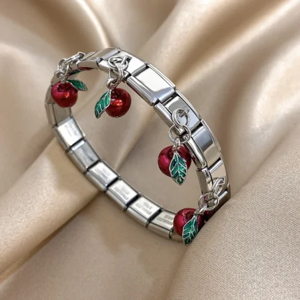 Geometric Square Stainless Steel Elastic Strap Bangle Bracelets for Women Strawberry Cherry Apple Pendant Bracelets Hand Jewelry - Image 10