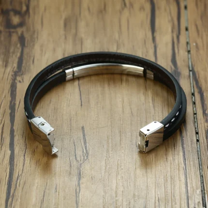 Vnox Unique Sew Lines Genuine Leather Bracelets for Men Women Stainless Steel Bar Layered Bangle Causal Pulseira - Image 6