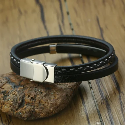Vnox Unique Sew Lines Genuine Leather Bracelets for Men Women Stainless Steel Bar Layered Bangle Causal Pulseira - Image 4
