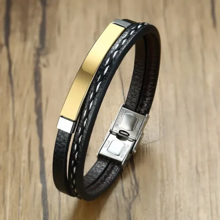 Vnox Unique Sew Lines Genuine Leather Bracelets for Men Women Stainless Steel Bar Layered Bangle Causal Pulseira - Image 9
