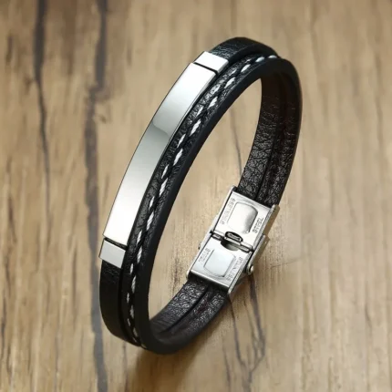 Vnox Unique Sew Lines Genuine Leather Bracelets for Men Women Stainless Steel Bar Layered Bangle Causal Pulseira - Image 8