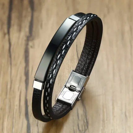 Vnox Unique Sew Lines Genuine Leather Bracelets for Men Women Stainless Steel Bar Layered Bangle Causal Pulseira - Image 7