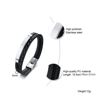 Vnox Unique Sew Lines Genuine Leather Bracelets for Men Women Stainless Steel Bar Layered Bangle Causal Pulseira - Image 5