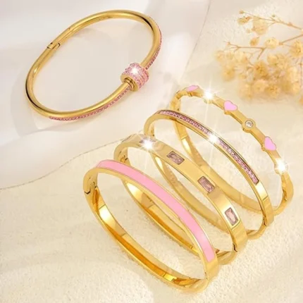 Stackable Gold Color Bangle Bracelet Set for Women - 18K Gold Plated Stainless Steel Pink Crystal Love Heart Bracelet Jewelry - Image 3