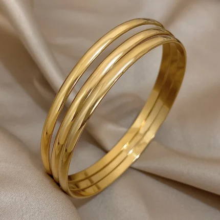 3pcs Glossy 18K Gold Plated Stainless Steel Bangle Bracelet for Women Minimalist Basic Wristband Bangles Waterproof Jewelry - Image 3