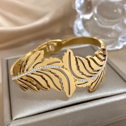 Exquisit Inlaid Rhinestone Feather Leaves Cuff Bracelets Fashion Gold Plated Stainless Steel Smooth Bangles Waterproof Jewelry - Image 5
