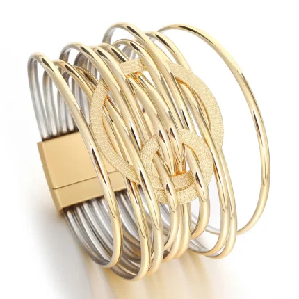 ALLYES Fashion Double Circle Metal PU Leather Bracelet for Women Exquisite Shiny Multilayer Wrap Wide Bracelets Party Jewelry - Image 4