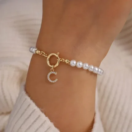 Minar Delicate 14K Real Gold Silver Plated Copper CZ Zircon 26 Letter Simulated Pearl Beaded Chain Charm Bracelets for Women - Image 3
