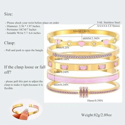 Stackable Gold Color Bangle Bracelet Set for Women - 18K Gold Plated Stainless Steel Pink Crystal Love Heart Bracelet Jewelry - Image 4
