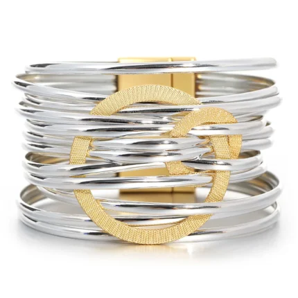 ALLYES Fashion Double Circle Metal PU Leather Bracelet for Women Exquisite Shiny Multilayer Wrap Wide Bracelets Party Jewelry - Image 7
