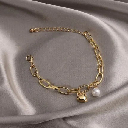 1pcs Gold-color Bracelet Ladies Simple Style Thick Cross Chain With Love Human Head Cross Pearl Pendant - Image 3