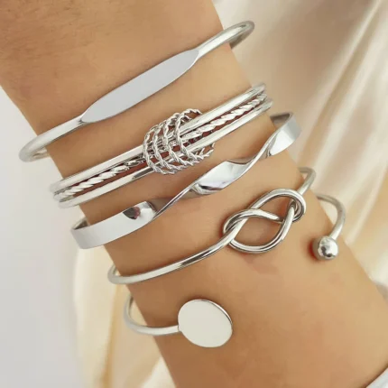 5Pcs Set Gold/Silver Color Fashion Charm Bracelet Women Retro Glossy Geometric Metal Twist Chain Bangles Bracelet Set Jewelry - Image 2