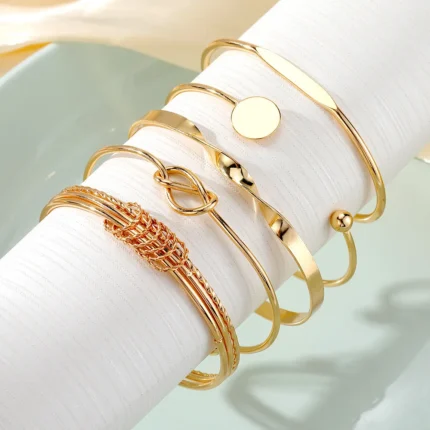 5Pcs Set Gold/Silver Color Fashion Charm Bracelet Women Retro Glossy Geometric Metal Twist Chain Bangles Bracelet Set Jewelry - Image 3