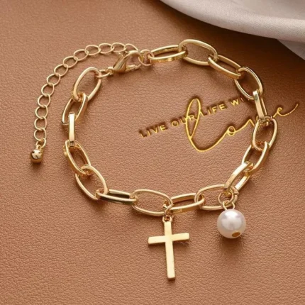 1pcs Gold-color Bracelet Ladies Simple Style Thick Cross Chain With Love Human Head Cross Pearl Pendant - Image 7