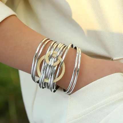 ALLYES Fashion Double Circle Metal PU Leather Bracelet for Women Exquisite Shiny Multilayer Wrap Wide Bracelets Party Jewelry - Image 18