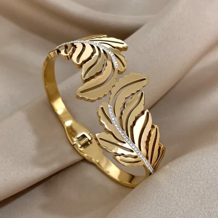 Exquisit Inlaid Rhinestone Feather Leaves Cuff Bracelets Fashion Gold Plated Stainless Steel Smooth Bangles Waterproof Jewelry - Image 7