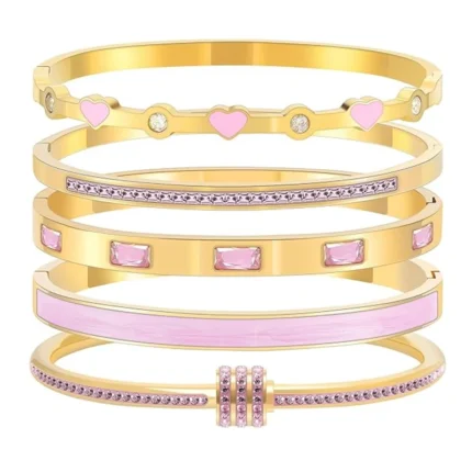 Stackable Gold Color Bangle Bracelet Set for Women - 18K Gold Plated Stainless Steel Pink Crystal Love Heart Bracelet Jewelry - Image 5