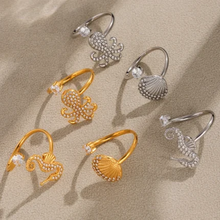 Nivora Stainless Steel Zircon Cuff Bracelet Rings For Women Ocean Style Scallop Starfish Flower Shape Bangle Wedding Jewelry Set - Image 3