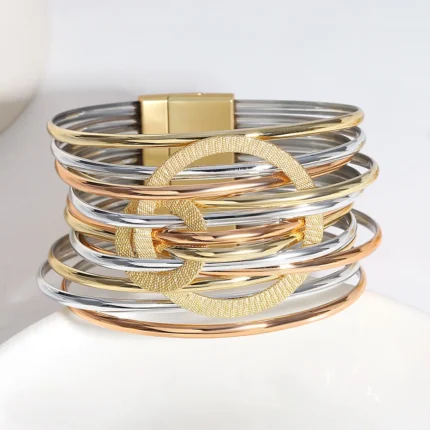 ALLYES Fashion Double Circle Metal PU Leather Bracelet for Women Exquisite Shiny Multilayer Wrap Wide Bracelets Party Jewelry - Image 15