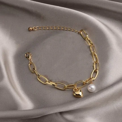 1pcs Gold-color Bracelet Ladies Simple Style Thick Cross Chain With Love Human Head Cross Pearl Pendant - Image 13