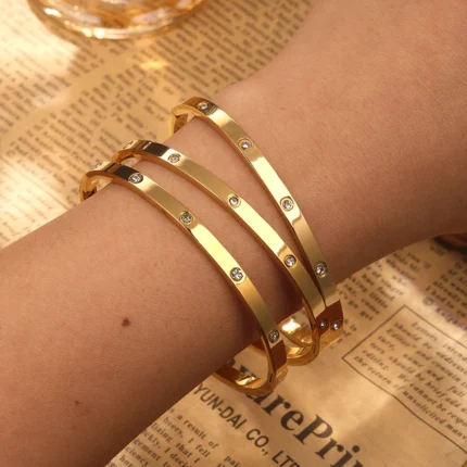 Yupsk Sliver Gold Color Stainless Steel Bangle Bracelet Inlaid Round Zircon Minimalist Birthday Jewelry Accessories Gift - Image 3