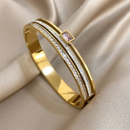 Luxury Stainless Steel Cuff Bracelet For Women Mens Gold Silver Color Couple Bracelets Green White Rhinestone Wide Bangle Gift - Image 20