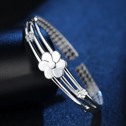 925 Sterling Silver Flower Open Bangle Hand Bracelets For Women Luxury Jewelry  And  Jewellery - Image 3