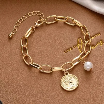 1pcs Gold-color Bracelet Ladies Simple Style Thick Cross Chain With Love Human Head Cross Pearl Pendant - Image 9