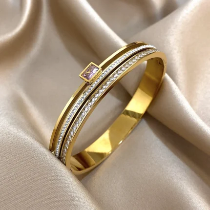 Luxury Stainless Steel Cuff Bracelet For Women Mens Gold Silver Color Couple Bracelets Green White Rhinestone Wide Bangle Gift - Image 3