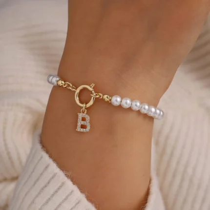 Minar Delicate 14K Real Gold Silver Plated Copper CZ Zircon 26 Letter Simulated Pearl Beaded Chain Charm Bracelets for Women - Image 6