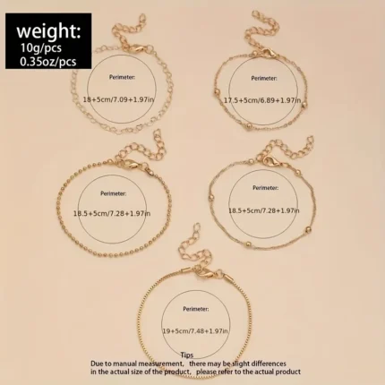 5 Pcs Set Of Tiny Golden Chain Design Bracelet Zinc Alloy Jewelry Elegant Leisure Style For Women Daily Stackable Hand Chain - Image 5