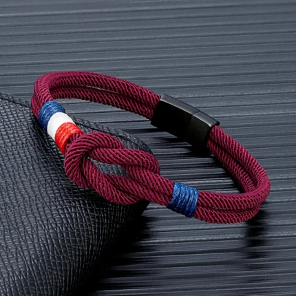 MKENDN Black Stainless Steel Square Knot Rope Bracelet Men Women Handmade Woven Double-Layer Design France Flag Couple Jewelry - Image 2