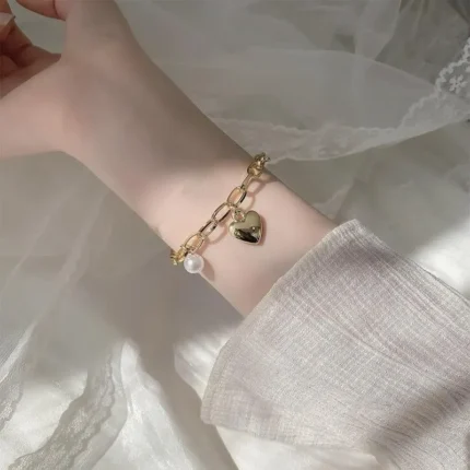 1pcs Gold-color Bracelet Ladies Simple Style Thick Cross Chain With Love Human Head Cross Pearl Pendant - Image 5