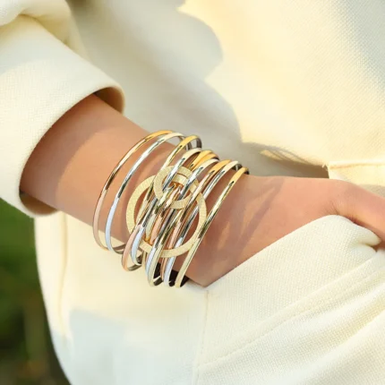 ALLYES Fashion Double Circle Metal PU Leather Bracelet for Women Exquisite Shiny Multilayer Wrap Wide Bracelets Party Jewelry - Image 17