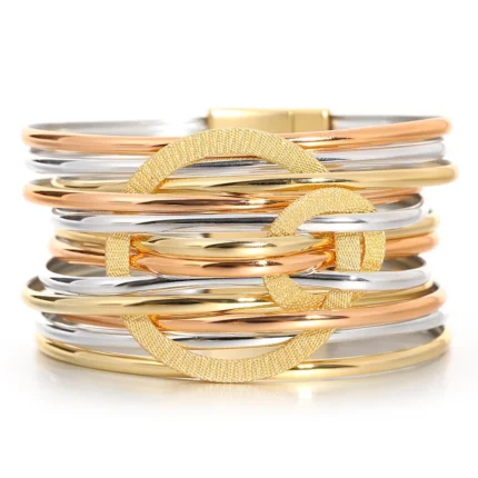 ALLYES Fashion Double Circle Metal PU Leather Bracelet for Women Exquisite Shiny Multilayer Wrap Wide Bracelets Party Jewelry - Image 8