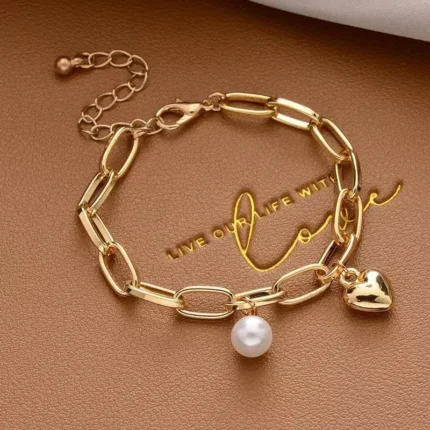 1pcs Gold-color Bracelet Ladies Simple Style Thick Cross Chain With Love Human Head Cross Pearl Pendant - Image 10