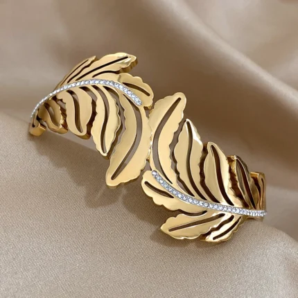 Exquisit Inlaid Rhinestone Feather Leaves Cuff Bracelets Fashion Gold Plated Stainless Steel Smooth Bangles Waterproof Jewelry - Image 6