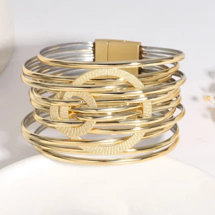 ALLYES Fashion Double Circle Metal PU Leather Bracelet for Women Exquisite Shiny Multilayer Wrap Wide Bracelets Party Jewelry - Image 5