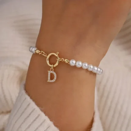 Minar Delicate 14K Real Gold Silver Plated Copper CZ Zircon 26 Letter Simulated Pearl Beaded Chain Charm Bracelets for Women - Image 4