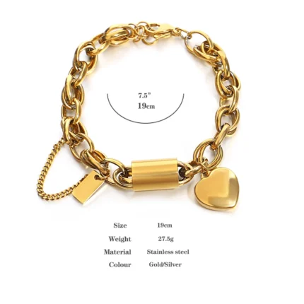 Heart Lock Stainless Steel Charm Bracelet Chunky Gold Plated Chain Love Bracelets Christmas Valentine Gift - Image 6