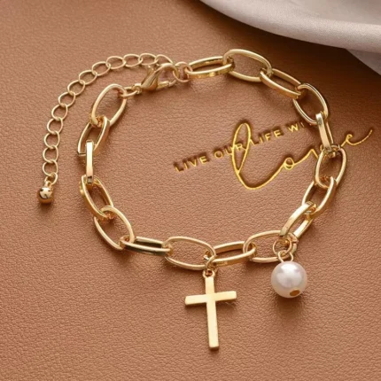 1pcs Gold-color Bracelet Ladies Simple Style Thick Cross Chain With Love Human Head Cross Pearl Pendant - Image 4