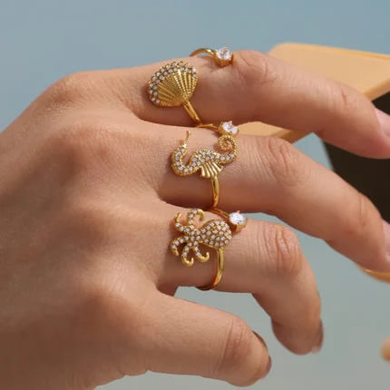 Nivora Stainless Steel Zircon Cuff Bracelet Rings For Women Ocean Style Scallop Starfish Flower Shape Bangle Wedding Jewelry Set - Image 24