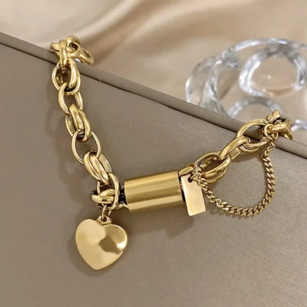 Heart Lock Stainless Steel Charm Bracelet Chunky Gold Plated Chain Love Bracelets Christmas Valentine Gift - Image 5