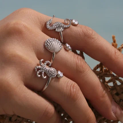 Nivora Stainless Steel Zircon Cuff Bracelet Rings For Women Ocean Style Scallop Starfish Flower Shape Bangle Wedding Jewelry Set - Image 25