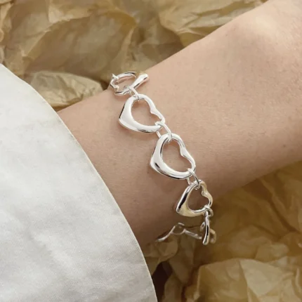 100% Solid 925 Sterling Silver Bracelet for Women Men Vintage Handmade Shinning Heart Bracelets Birthday Christmas Gift - Image 4