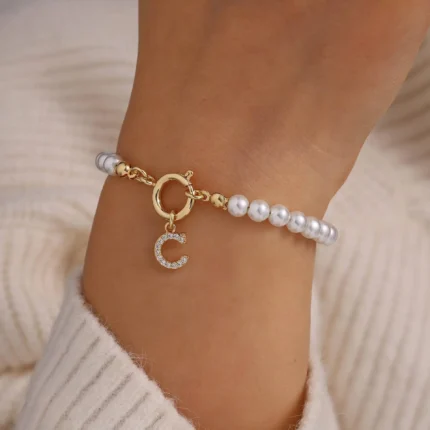 Minar Delicate 14K Real Gold Silver Plated Copper CZ Zircon 26 Letter Simulated Pearl Beaded Chain Charm Bracelets for Women - Image 8