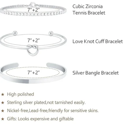 3pcs Stainless Steel Stack Cuff Bracelets for Women 14K Silver Plated Adjustable Jewelry Gifts Luxury CZ Chain Love Knot Bangles - Image 3