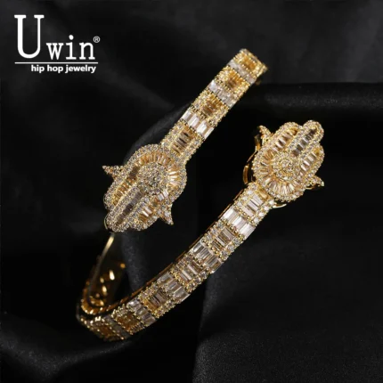 Uwin Hand Bracelet Prong Setting Bling Cubic Zirconia Baguette Cz Cuff Bangle Luxury Gift For Women Hip Hop Jewelry